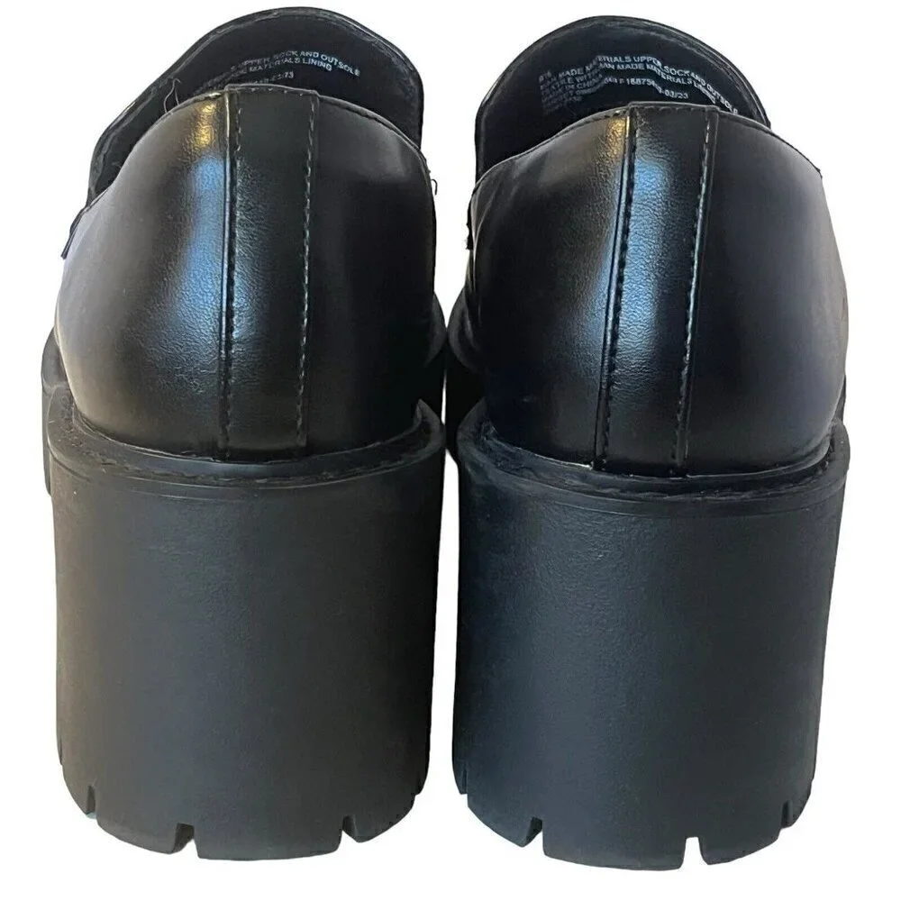 Womens 8.5 Chunky Platform Slip On Penny Loafer Black Faux Leather Lug Soles